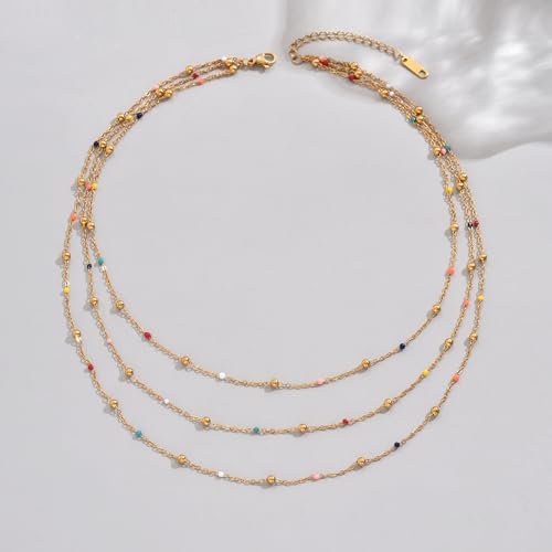 18K Gold Plated Layered Herringbone Necklaces for Women Dainty Layering Beaded Snake Chain Choker Moon Coin Pendant Necklace Trendy Stainless Steel Jewelry - color: Trible Multicolor Bead-Gold