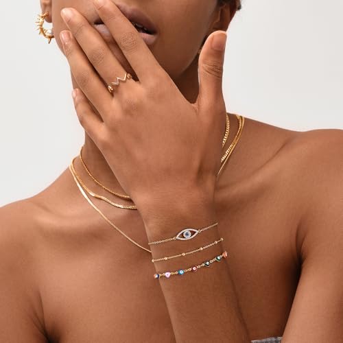 MEVECCO Dainty Chain Bracelets for Women, Layered and Charm Styles | 14K Gold Plated Brass, Select Cubic Zirconia Accents, Single and Multi-Row Structures for Refined Everyday Wristwear - style: Blue CZ Evil Eye