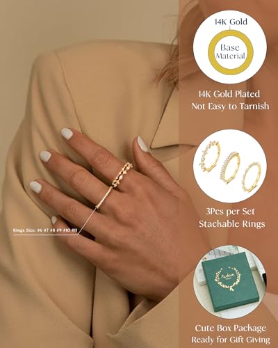 FUNEIA Stackable Silver Gold Rings for Women Non Tarnish 14K Gold Plated Thumb Cubic Zirconia Rings for Women Dainty Pinky Promise Wedding Ring Set Women's Engagement Eternity Band Rings Gold Jewelry - color: C-Gold Stackable Rings