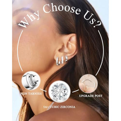 3 Pairs Chunky Small Hoops Set Huggie Earring Stack | Non Tarnish Hypoallergenic 925 Silver Square Earrings Waterproof Cubic Zirconia Hoop Earrings Chunky Gold Small Hoops - color: Silver