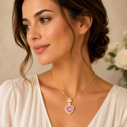 Rich London 18K Rose Gold Plated 2-in-1 Clover Heart Pendant Necklace for Women | Elegant Crystal Charm Jewellery - color: Pink Heart