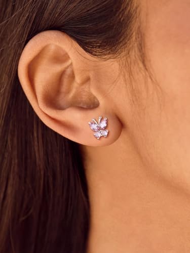 Suplight Butterfly Stud Earrings 925 Sterling Silver 14K Gold Brithstone Earrings for Women Brithstone Jewelry Gifts - color: 10.October ( Pink Tourmaline), size: Silver