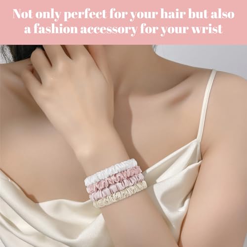 Scrunchies Hair Ties Silk Satin Scrunchy, WantGor Women 4PC Hair Bands | Pure Mulberry Silk Skinny Elastic Scrunchies Bracelets Ponytail Holders Hair Accessories (Champagne,White,Pink,Light Pink) - color: Champagne,White,Pink,Light Pink