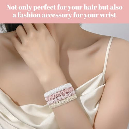 Scrunchies Hair Ties Silk Satin Scrunchy, WantGor Women 4PC Hair Bands | Pure Mulberry Silk Skinny Elastic Scrunchies Bracelets Ponytail Holders Hair Accessories (Champagne,White,Pink,Light Pink) - color: Champagne,White,Pink,Light Pink