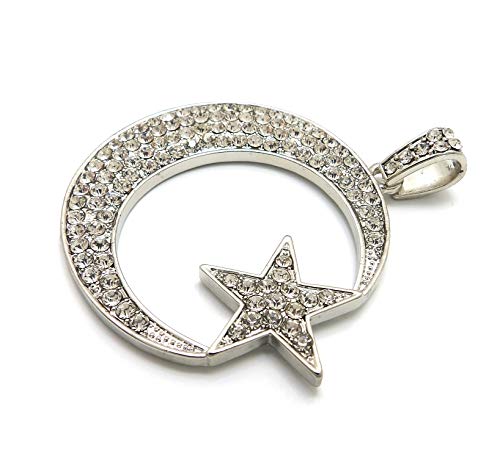 Fashion 21 Unisex Iced Out Crescent Moon & Star Pendant 24" Various Chain Necklace in Gold, Silver Tone - color: Silver / Pendant Only