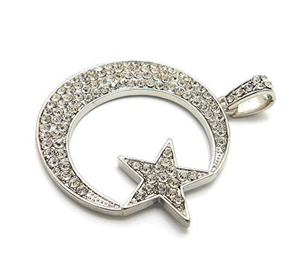Fashion 21 Unisex Iced Out Crescent Moon & Star Pendant 24" Various Chain Necklace in Gold, Silver Tone - color: Silver / Pendant Only