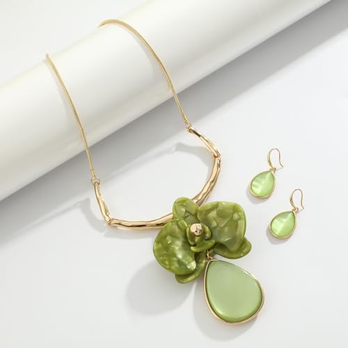 Vintage Statement Jewelry Set - Chunky Flower Floral Plant Geometric Resin Bib Necklace Earring Set Bohemian Boho Crystal Rhinestone Fashion Jewelry for Women Bridal Party Prom Unique Gift - style: MLJS2604-Green