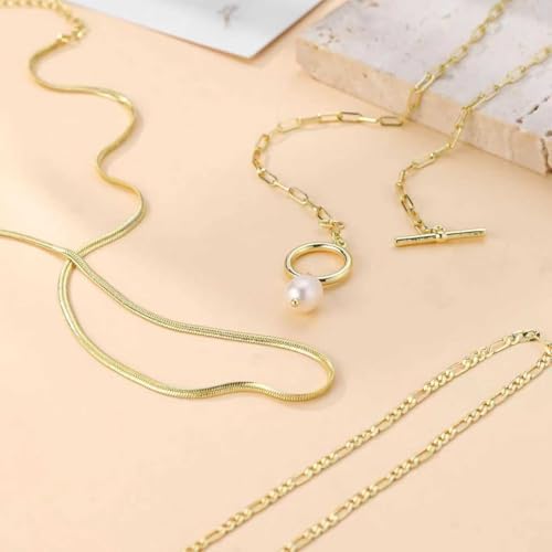 Gold Layered Necklaces for Women, 14K Gold Plated Paperclip Snake Chain Necklace Set, Dainty Coin Cross Tear Pendant Layering Choker Necklaces, Simple Trendy Stackable Jewelry Gifts - color: 3PCS / Pearl Necklace & 2 Chains