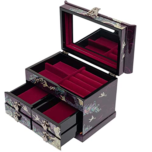 February Mountain Mother of Pearl Handcrafted Mother-of-Pearl Jewelry Box with Traditional Korean Design Mother's day Graduation Birthday Gifts for Women - style: Crane_Purple