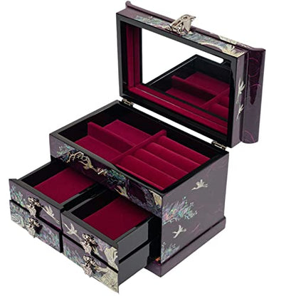 February Mountain Mother of Pearl Handcrafted Mother-of-Pearl Jewelry Box with Traditional Korean Design Mother's day Graduation Birthday Gifts for Women - style: Crane_Purple