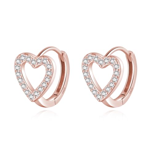 SLUYNZ Sterling Silver Love Heart Huggie Earrings for Women Teens CZ Love Heart Hoop Earrings for Valentines Day - color: C-Rose Color