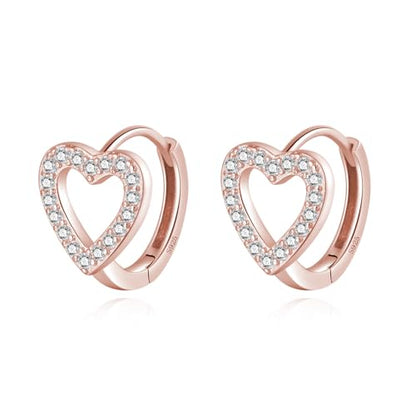 SLUYNZ Sterling Silver Love Heart Huggie Earrings for Women Teens CZ Love Heart Hoop Earrings for Valentines Day - color: C-Rose Color
