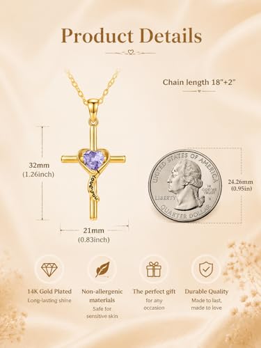 14K Gold Cross Necklace for Women Dainty Birthstone Pendant | Heart I Love You Romantic Jewelry Anniversary Christian Religious Baptism Birthday Gifts with 18"+2" Adjustable Chain - color: 14K Gold-06-Jun Birthstone