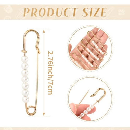 Faux Pearl Brooch Pins, 10pcs 2.76inch Sweater Shawl Clip Safety Pins with 7pcs Pearl Beads for Women Clothing Dress Pants Skirt Waist Pants Extender Dressing Accessories (Gold)