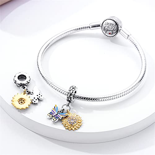 Pandach 925 Sterling Silver Charms for Bracelets and Necklaces Travel Round The World Beads Charms Relaxation Dangle Pendant,Jewelry Beads Gifts for Women - style: Butterfly Sunflower Charm