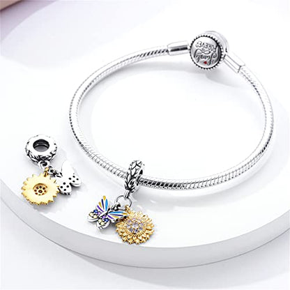 Pandach 925 Sterling Silver Charms for Bracelets and Necklaces Travel Round The World Beads Charms Relaxation Dangle Pendant,Jewelry Beads Gifts for Women - style: Butterfly Sunflower Charm