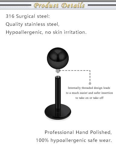 Internally Threaded Labret Studs 18G 16G 14G Surgical Steel Lip Piercing Jewelry with Claw Tool Monroe Snake Bite Jewelry Flat Back Barbell for Women Men Plus Piercing Ball Grabber Tool - color: black, size: 16g,ball end