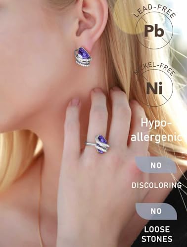 Gifts for Women, Wish Stone Stud Earrings with Birthstone Crystals, 18K Rose Gold Plated or Silver-tone - color: 202-February-Tanzanite Purple-Silvertone