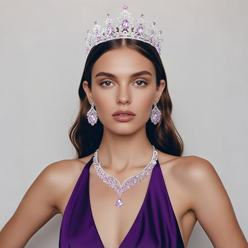 Crowns and Tiaras jewelry sets for Wedding princess birthday party Halloween Prom Pageant Jewelry for Women Crystal Bridal Jewelry Set for women - color: Silver purple