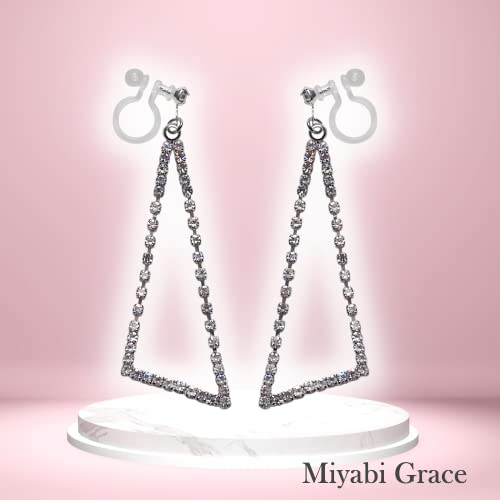 Dangle Silver Invisible Clip On Earrings for Women Not Pierced Gold Crystal Rhinestone Comfortable Hoop Fringe Long Chain Clip On Earrings - color: Triangle Silver