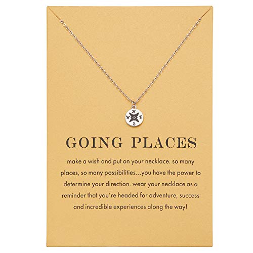Zealmer Dainty 18K Gold Plated Compass World Map Pendant Necklace Graduation Gift for Friends - color: Compass Silver Tone