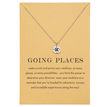 Zealmer Dainty 18K Gold Plated Compass World Map Pendant Necklace Graduation Gift for Friends - color: Compass Silver Tone