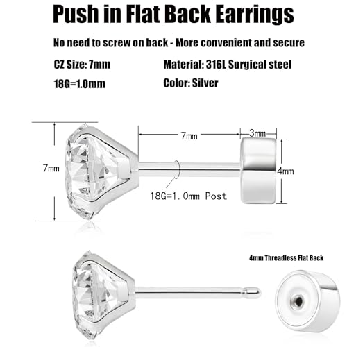 Threadless Flat Back Earrings, Hypoallergenic 14K Real Gold Plated CZ Stud Earrings | Cartilage Earring | Tragus Helix Piercing Jewelry | Push in Flatback Earrings for Women Men - color: Silver, size: 7 Millimeters