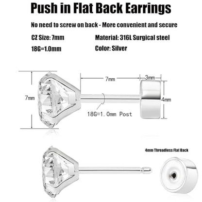 Threadless Flat Back Earrings, Hypoallergenic 14K Real Gold Plated CZ Stud Earrings | Cartilage Earring | Tragus Helix Piercing Jewelry | Push in Flatback Earrings for Women Men - color: Silver, size: 7 Millimeters