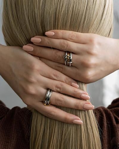 TLY Stackable Gold Rings for Women Interlocking Ring Stack Set non tarnish | 18K Gold Silver Plated Mixed Metal Statement Rings Waterproof Cubic Zirconia Fashion Connected Band Thumb Ring Size 4-11 - color: 03.Solarium set (two silver rings)