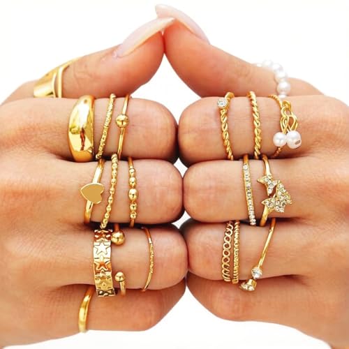 Golden Silvery Knuckle Rings Set for Women, Stackable Rings Bohemian Crystal Hollow Carved Flowers Joint Finger Rings Pack Fashion Jewelry Gifts for Birthday - color: Golden 48PCS