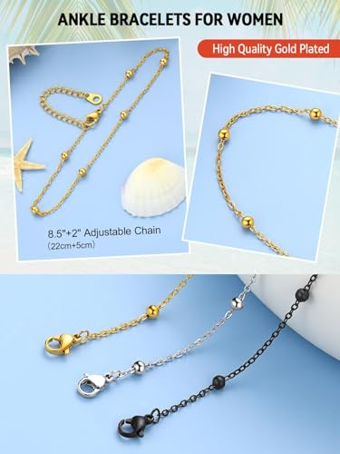 FaithHeart Waterproof Ankle Bracelets for Women, 1/2/3Pcs Non Tarnish Stainless Steel Layered Anklet Set Paperclip Figaro Cuban Link Chain Dainty Summer Beach Jewelry Gift Adjustable Size - style: a.Bead - Gold