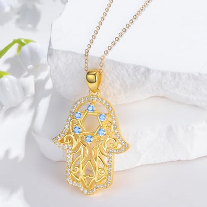 Hamsa Necklace 925 Sterling Silver Evil Eye/Lotus Flower/Star of David/Chai/Yin Yang Hamsa Hand Pendant Jewelry Hand of Fatima Gifts for Women - style: Star of David-Gold
