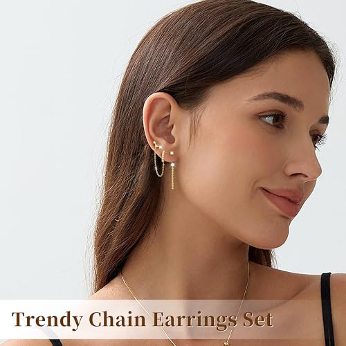 3 Pairs Dainty Small Earrings Set for Women Trendy, Birthstone Stud Huggie Hoop Jacket Stack for Cartilage Helix, Gold Plated Hypoallergenic Cute Women Fashion Accessories Western Jewelry Gifts - color: Gold Plated Chain
