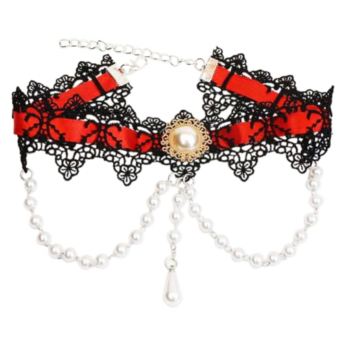 Black Lace Choker Necklace Vintage Pearl Necklaces Gothic Victorian Lolita Costume Necklaces for Women White Lace Choker for Bridal Wedding - color: Red