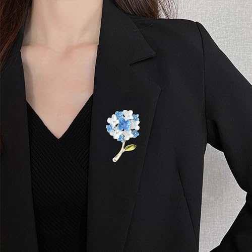 Blue White Hydrangea Flower Brooch Enamel Crystal Floral Lapel Pin Gold Plated Elegant Brooch for Women Suit Scarf Accessory - color: Blue