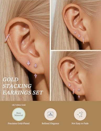 3 Pairs Stackable Kite Stud Earrings Set for Women Trendy | Dainty Birthstone Stud Gold & 925 Sterling Silver Huggie Hoop Jacket Stack Earrings for Women 2026 - color: Gold-Pink Tourmaline