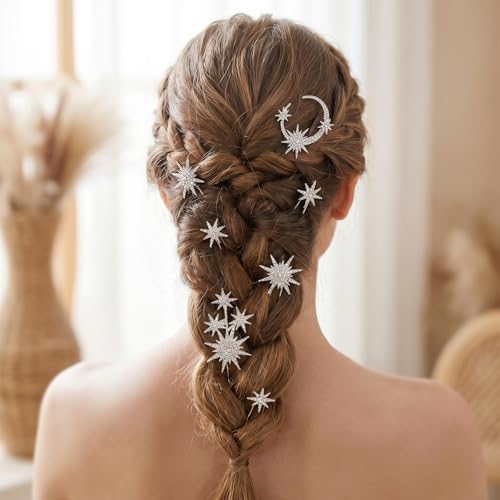 6 Pcs Hair Pins Rhinestone Celestial Crystal Goddess Style Hair Pieces Bride Bridal Wedding Side Clip Set Star Moon Decorative Barrettes Headdress Accessoriesfor Girls Women (Silver)