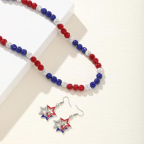 Fourth Of July Earrings Rhinestone American Flag USA Earrings Necklaces Stackable Bracelets Memorial Day Jewelry Set 3PCS