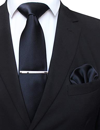 JEMYGINS Solid Color Formal Necktie and Pocket Square Tie Clip Sets for Men - color: Black