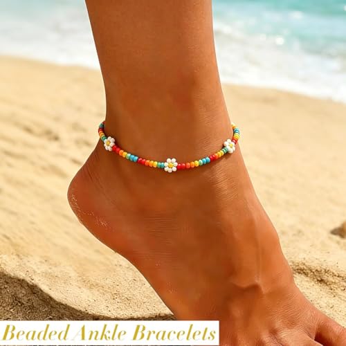 Beaded Chain Ankle Bracelets for Women Waterproof Sunflower Anklets Beachy Vacation Foot Jewelry Gifts - color: Colorful