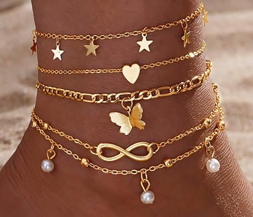 Fesciory 14K Gold Plated Ankle Bracelets Sets For Women, Adjustable Layered Infinite Anklet, Summer Beach Butterfly Star Foot Chain Jewelry Gifts - style: Butterfly(Gold)