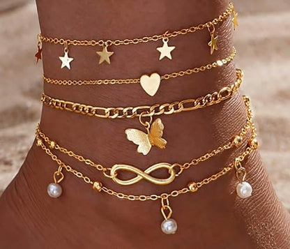 Fesciory 14K Gold Plated Ankle Bracelets Sets For Women, Adjustable Layered Infinite Anklet, Summer Beach Butterfly Star Foot Chain Jewelry Gifts - style: Butterfly(Gold)