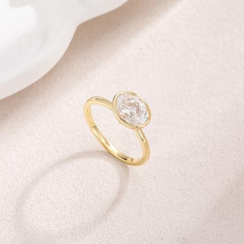 EAMTI 3CT Engagement Rings for Women Oval Cut CZ Solitaire Promise Wedding Bands Travel Bezel East West Ring 14K Gold Plated Size 4-10 - color: Brass-Gold