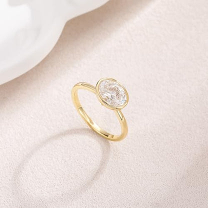 EAMTI 3CT Engagement Rings for Women Oval Cut CZ Solitaire Promise Wedding Bands Travel Bezel East West Ring 14K Gold Plated Size 4-10 - color: Brass-Gold