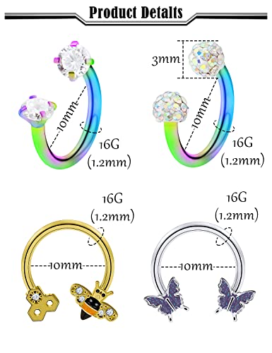 20G 18G 16G 14g Septum Rings Surgical Steel Horseshoe Nose Septum Rings Cartilage Helix Tragus Rook Daith Earring Hoop Lip Piercing Jewelry Retainer for Women Men - style: A-1:16G(1.2mm)-Inner Dia: 10mm