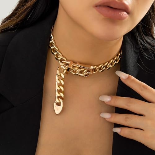 CJIAYUJEW Chunky Gold & Silver Cuban Chain Choker & Belt Necklaces for Women & Men - Punk Style Thick Link Belts - color: gold