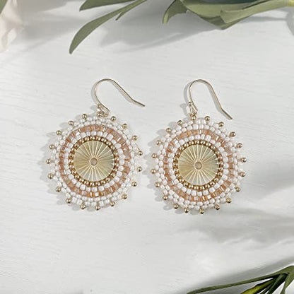 Colorful Bead Earrings For Women Summer Beach Handmade Bead Earrings Bohemia Hoop Dangle Earring For women - color: Off white