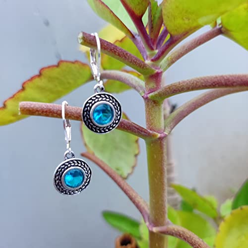 Handmade Sterling Silver Boho Crystal Dangle Leverback Earrings For Women - color: Turquoise