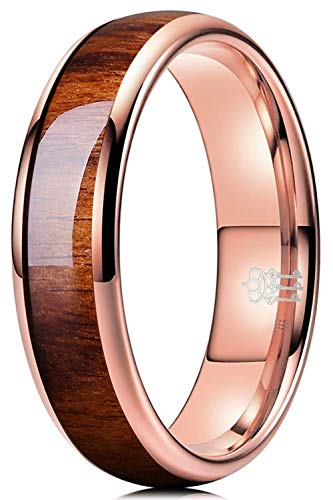 THREE KEYS JEWELRY Tungsten Wedding Band Koa wood Inlay Black Domed | 4mm, 6mm, 8mm, Everyday Wear, Black, Domed, Koa wood inlay - color: Rose Gold 6mm