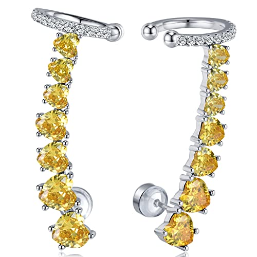 925 Sterling Silver Post Stud Earrings for Women Cartilage Ear Cuffs Hoop Climber 7 Multcolors Cubic Zirconia CZ Hypoallergenic Piercing Gifts For Her - color: Yellow Silver